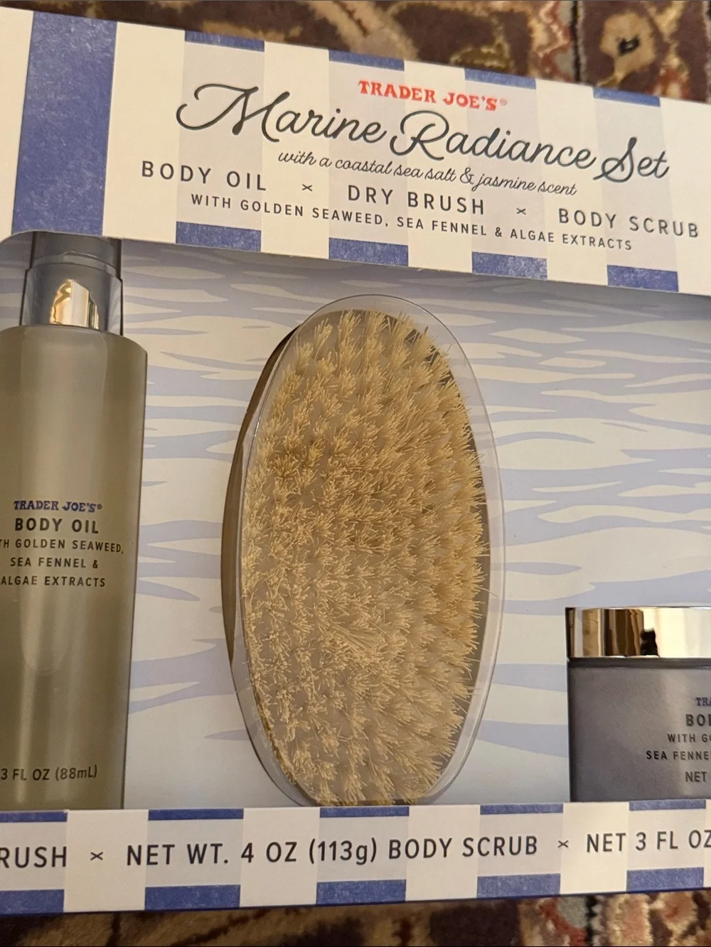 New Trader Joe's Marine Radiance Set Lot Body Oil & Body Scrub Dry Brush Seaweed